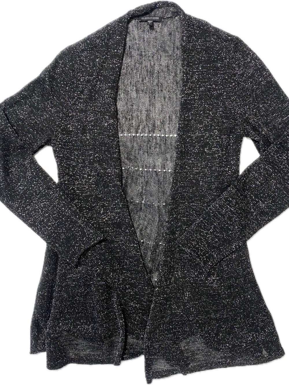 Eileen Fisher Black and White Speckled Open-Front Cardigan